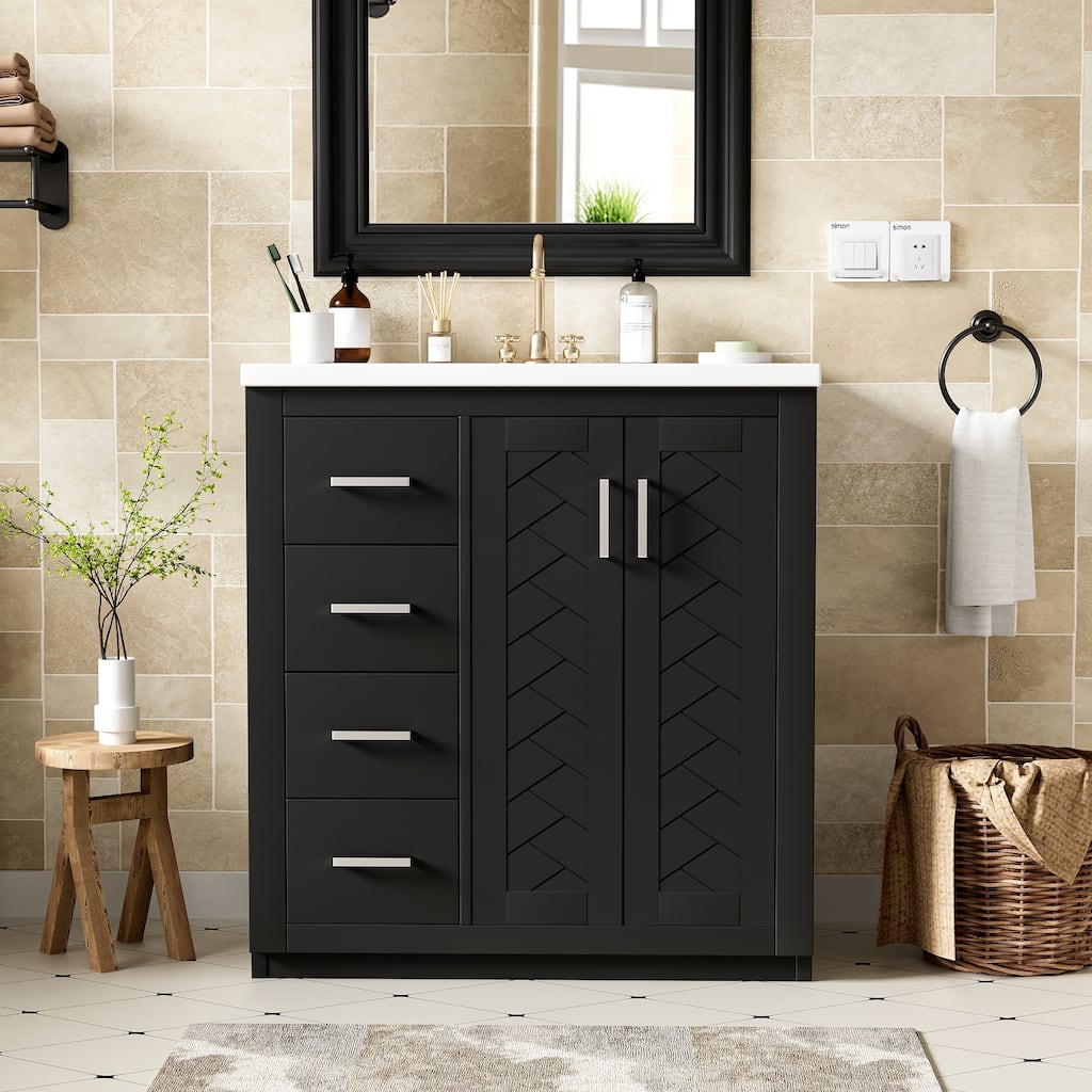 30" Bathroom Vanity with Ceramic Sink - Solid Wood Frame, 3 Drawers & 2 Soft-Close Doors - Modern Freestanding Storage Cabinet