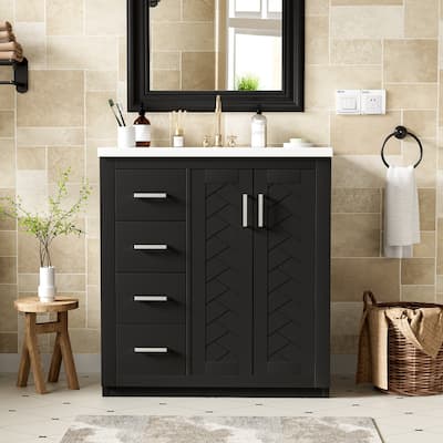 30" Black Bathroom Vanity with Ceramic Sink Combo, Floor Standing Vanity Solid Wood Frame Bathroom Storage Cabinet with Drawers