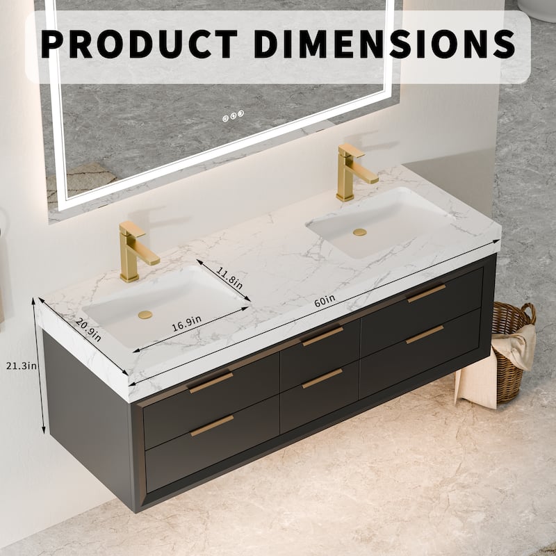 Modland 36/48/60 Inch Black Floating Bathroom Vanity with ETL LED Lights & Soft-Close Drawers, Waterproof Rubberwood