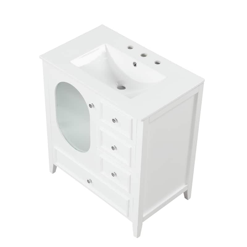 30" Bathroom Vanity with Sink, Bathroom Vanity Cabinet with Three Drawers and Door, Solid Wood and MDF, White
