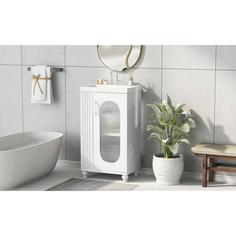 Small Bathroom Vanity with Sink, Wood Bathroom Cabinet with Glass Door, Single Basin Vanity Set with Two-Tier Shelf