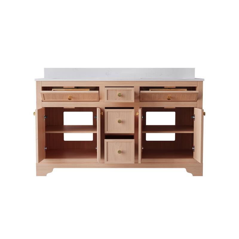 35''H Bath Solid Wood Vanity with Stain-resistant Carrera White Quartz Top And Single Sink