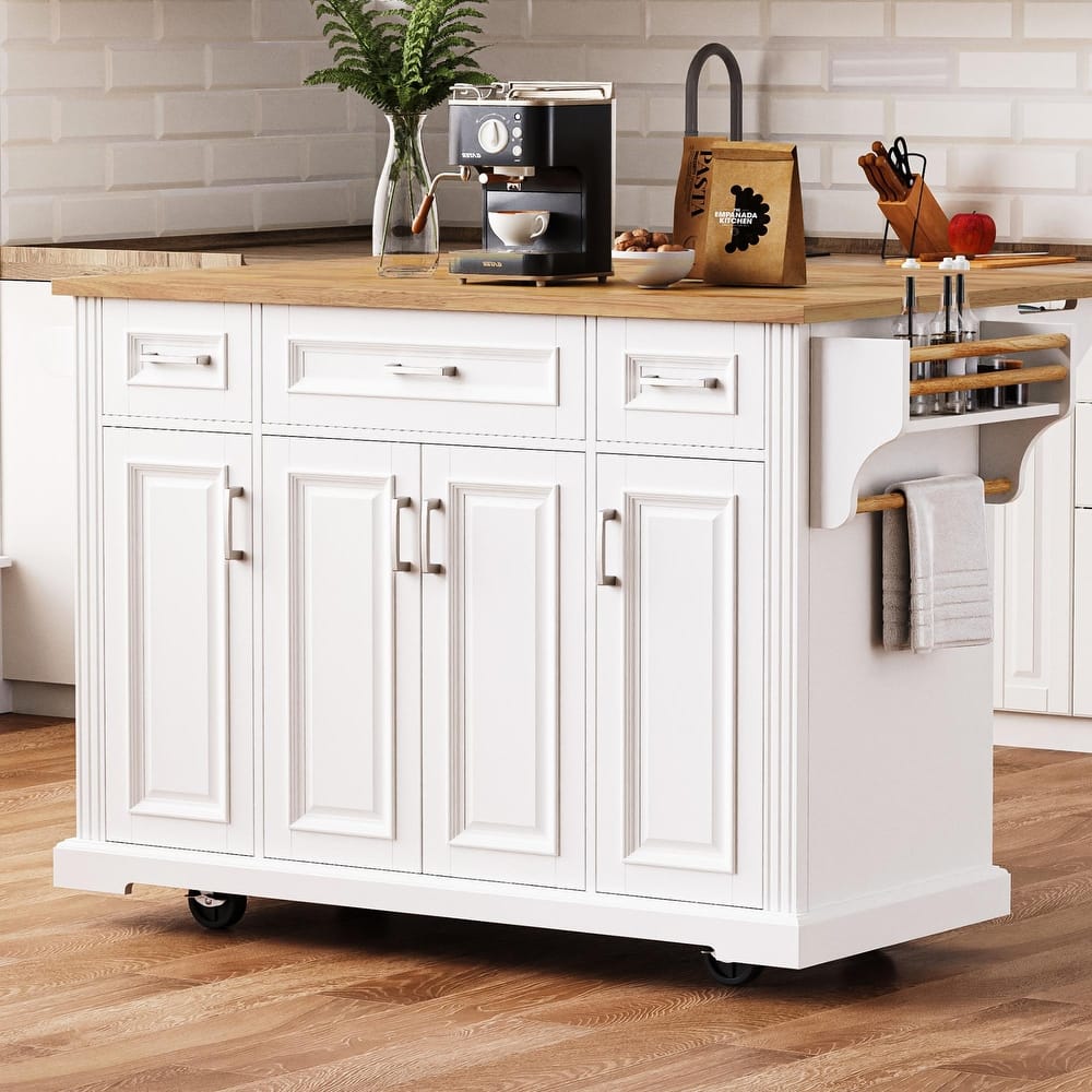 54" Rolling Kitchen Island on 4 Wheels with Drop Leaf and 4 Doors and 3 Drawers