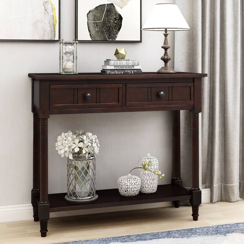 Daisy Series Farmhouse Console Table Solid Wood 2 Drawers Bottom Shelf Entryway - Espresso