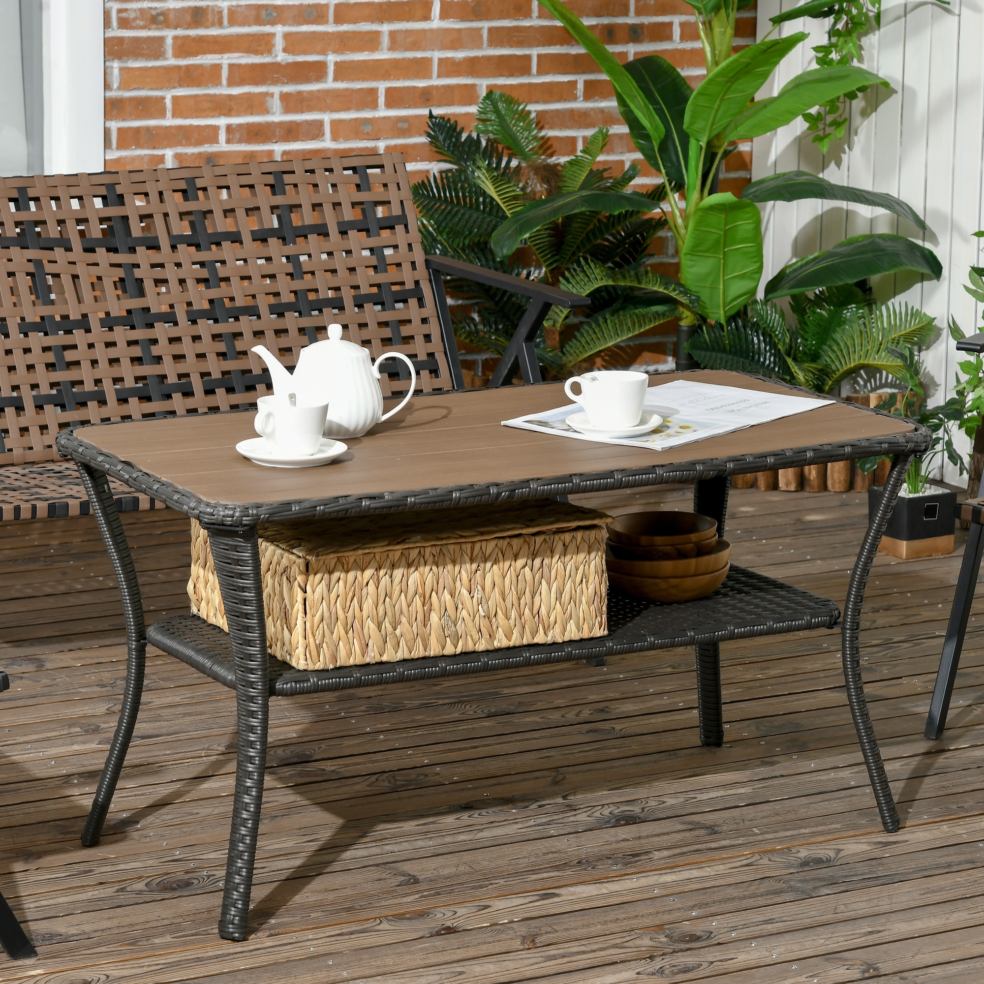Patio PE Rattan Coffee Table with Storage Shelf, Outdoor 2-Layer