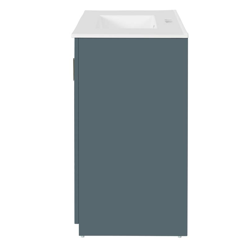 Freestanding Bathroom Vanity Storage Cabinet with Ceramic Sink, Solid Wood Frame, 3 Drawers and Geometric Accents Doors