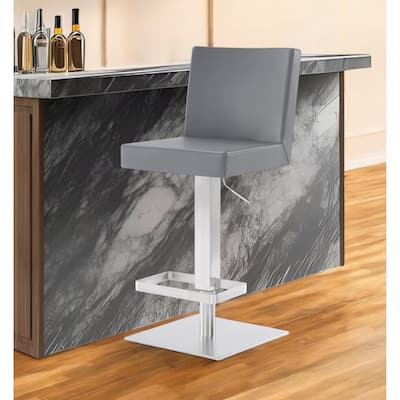 HomeRoots 24" Gray and Silver Faux Leather and Iron Adjustable Height Swivel Bar Chair