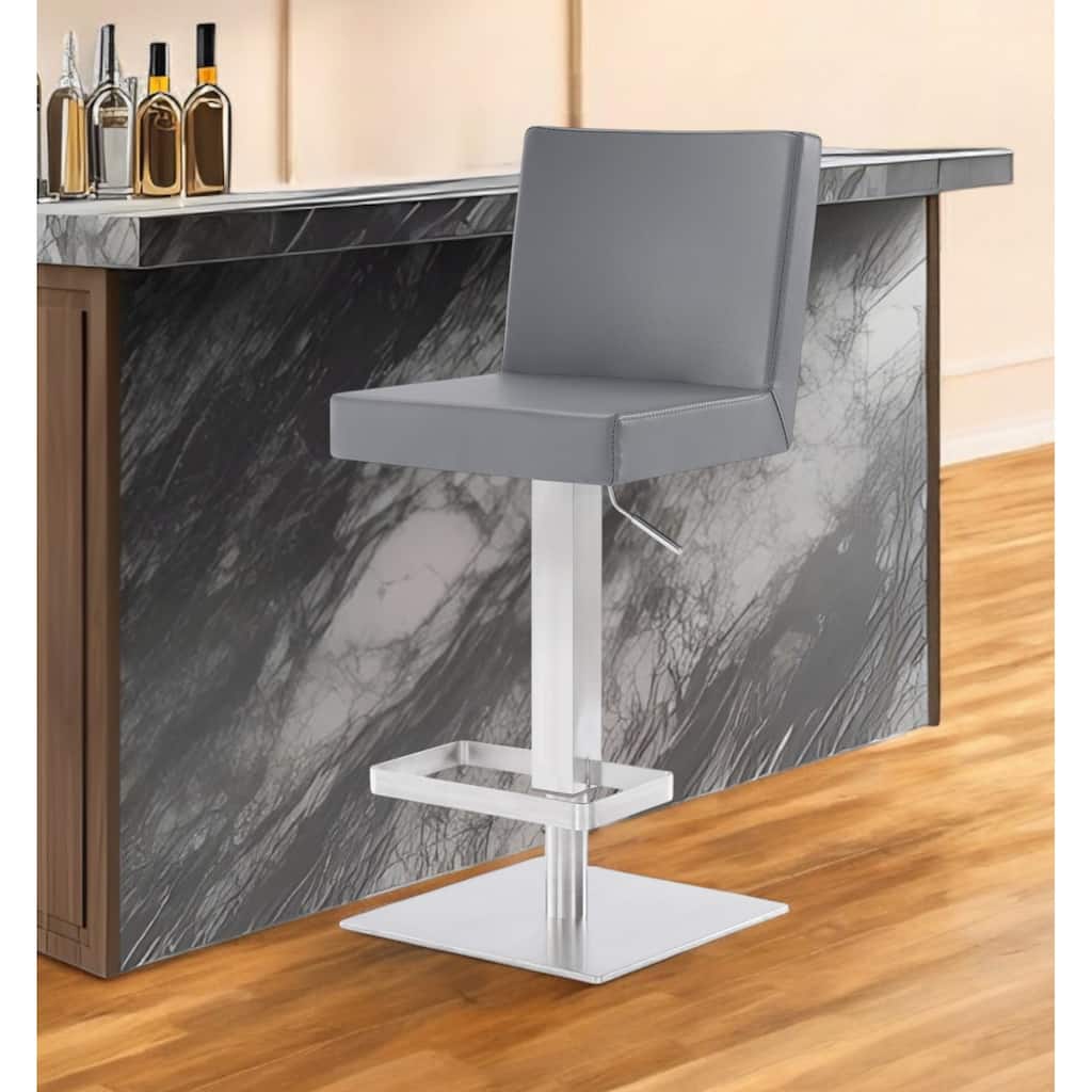 HomeRoots 24" Gray and Silver Faux Leather and Iron Adjustable Height Swivel Bar Chair