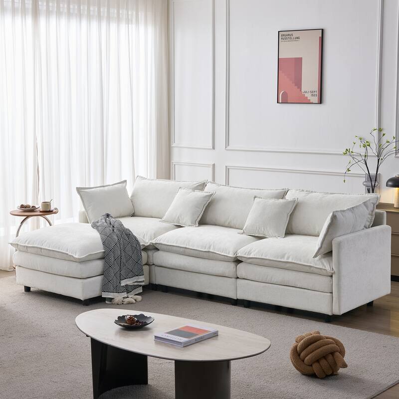 L Shaped Modular Sectional Sofa, Comfy Chenille Deep Seat Cloud Sofa, Upholstered 3 Seat Sofa with Removable Ottoman