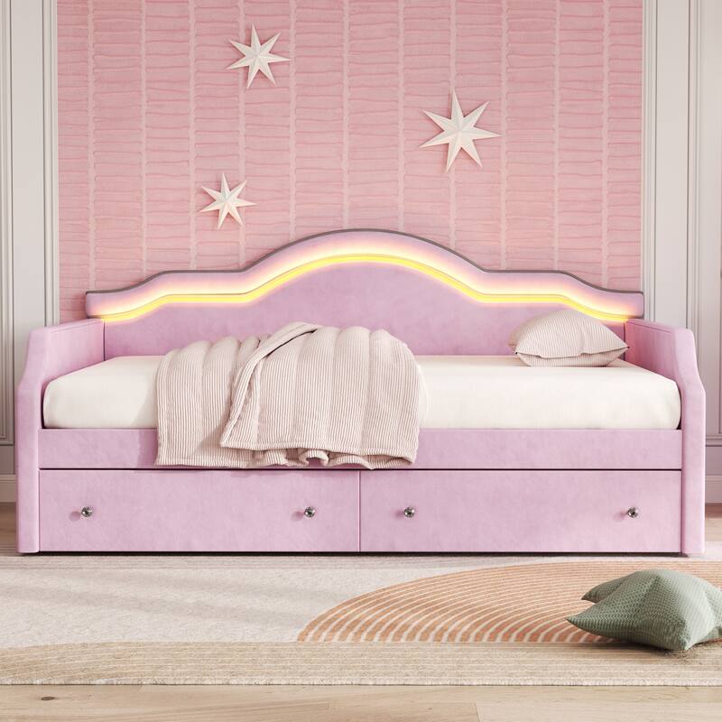 Upholstered Daybed with 2 Drawers, Wave Backrest Frame with Ambient Lighting, No Box Spring Needed Storage Sofa Bed