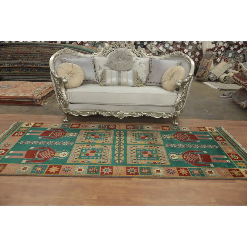 Hand-knotted Traditional Wool Green Geometric Oriental Area Rug - 9' 10'' X 4' 0''