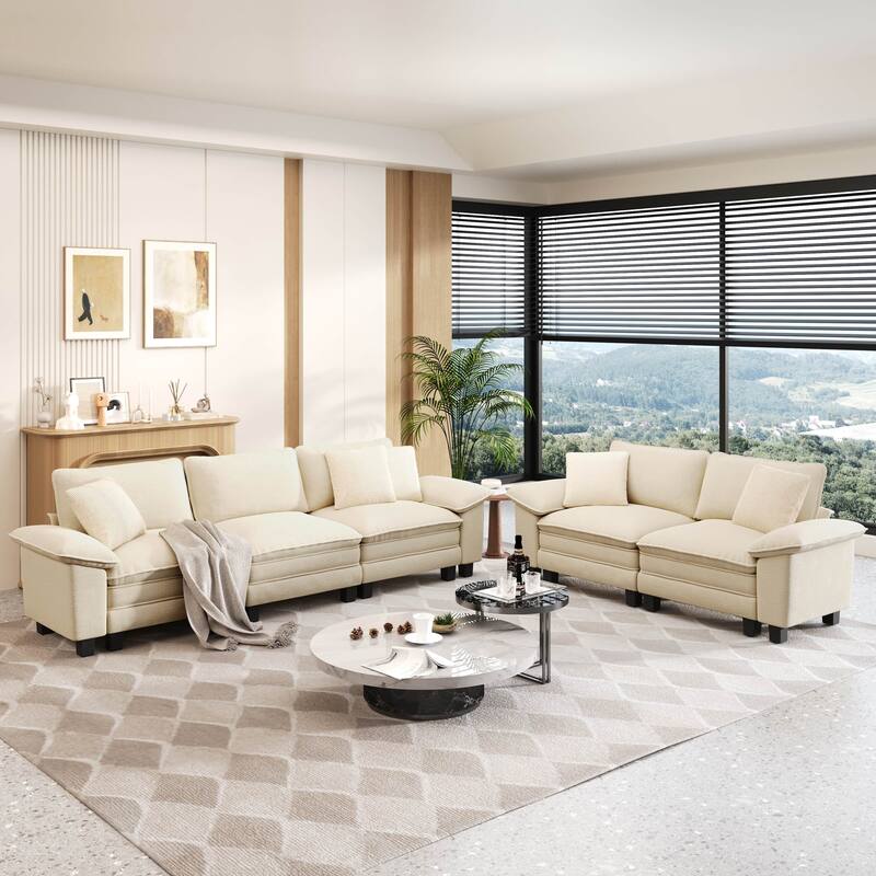 MAISON ARTS 2-Piece Chenille & Corduroy Sofa Set, Comfy 3/4/5-Seater Modular Loveseat & Armchair with Throw Pillows - Beige Chenille(5 Pieces) - Left Facing