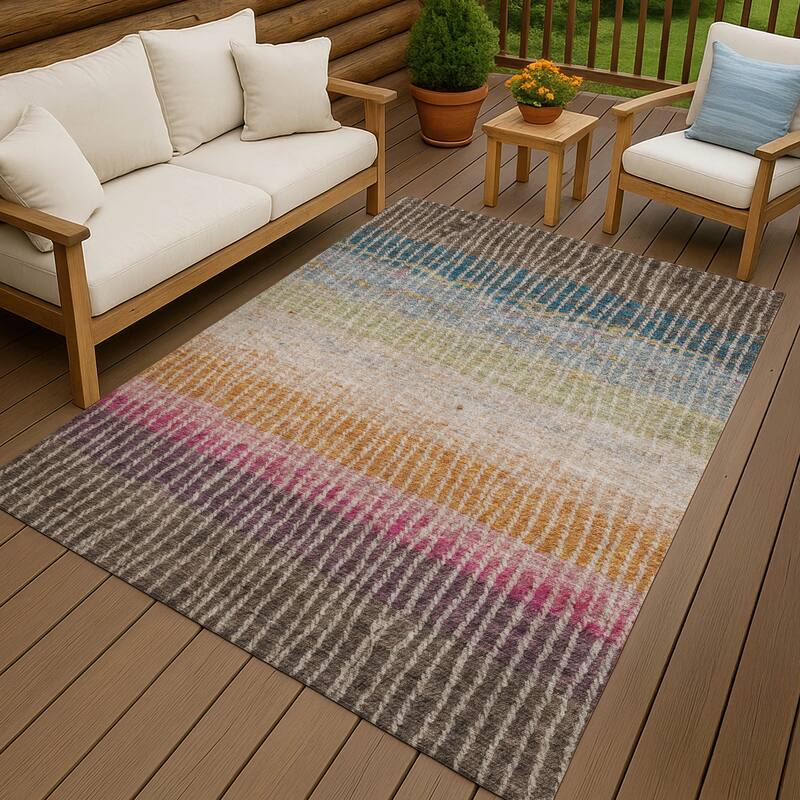 Machine Washable Indoor/ Outdoor Contemporary Stripes Chantille Rug