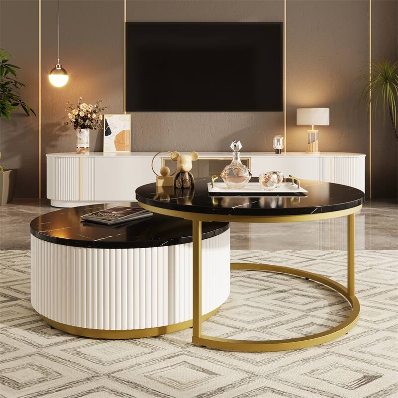 31.5" Modern Round Wood Nesting Coffee Table with Drawer