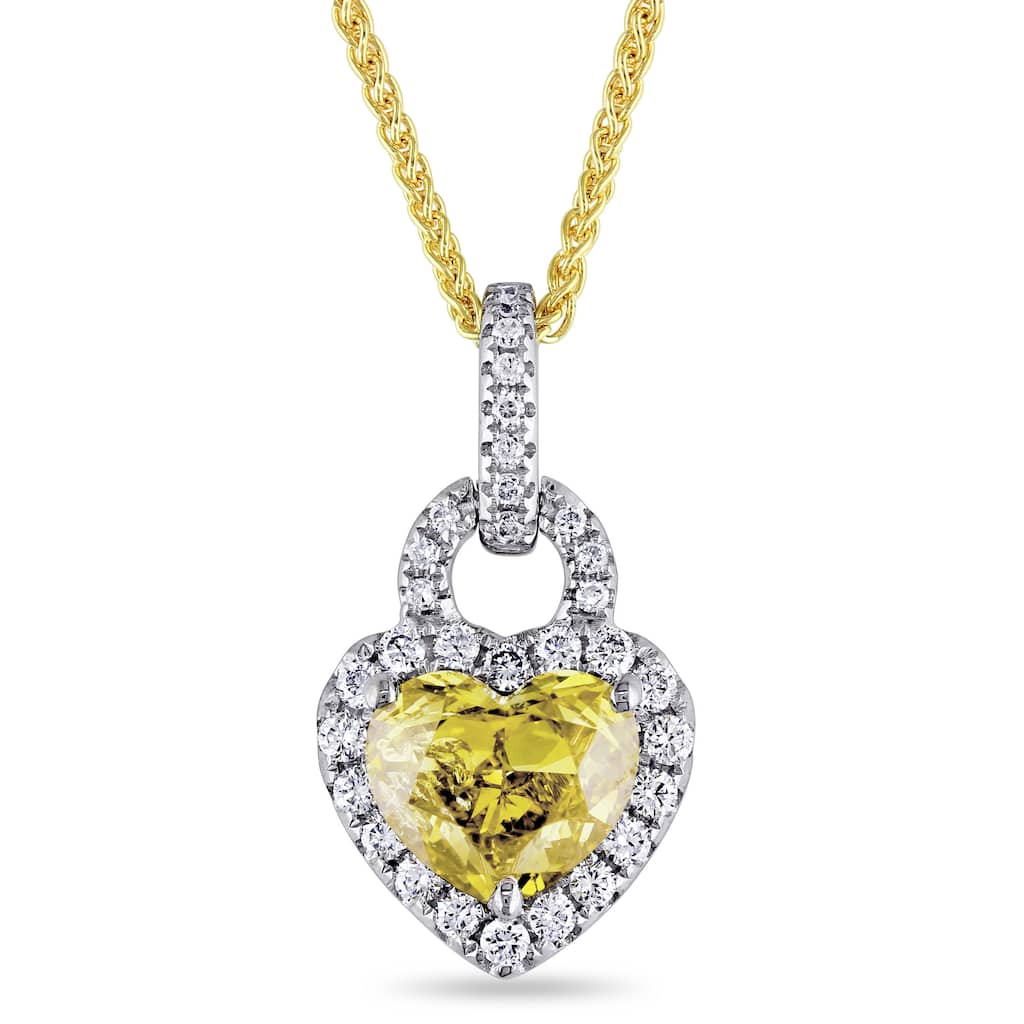 Miadora 1.3ct TDW White Yellow Halo Diamond Heart Shaped Necklace in 14k White & Yellow Gold