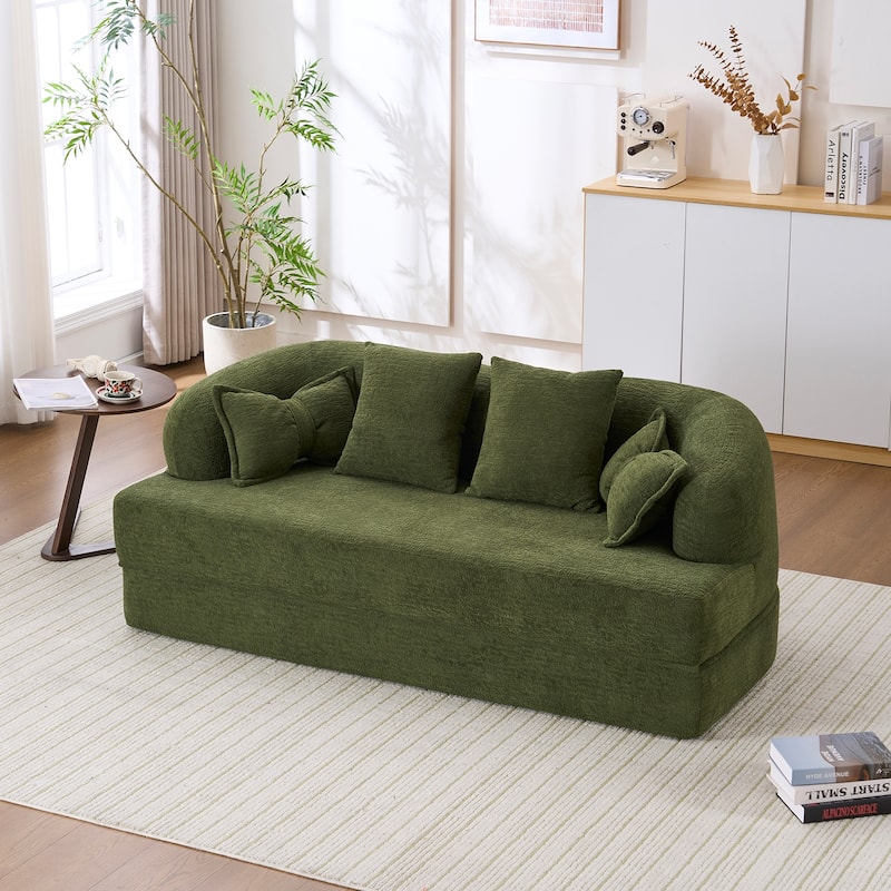 Modern 2-in-1 2-Seater Sofa Folding Sofa Bed with 4 Pillows, Chenille Fabric, for Apartment Living Rooms, Green