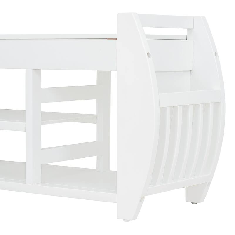 Shoe Bench 2-Tier Storage Bench with Cushion & Curved Side Holder, Wooden Panel Shoe Rack Organizer for Entryway, Living Room