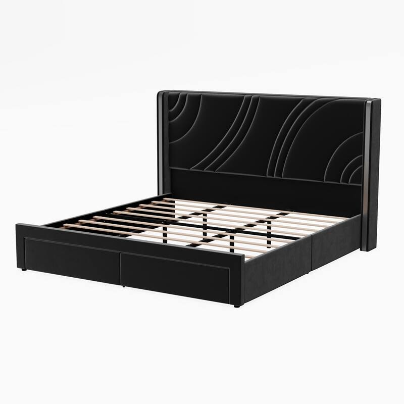 Velvet Platform Bed with Wingback Headboard