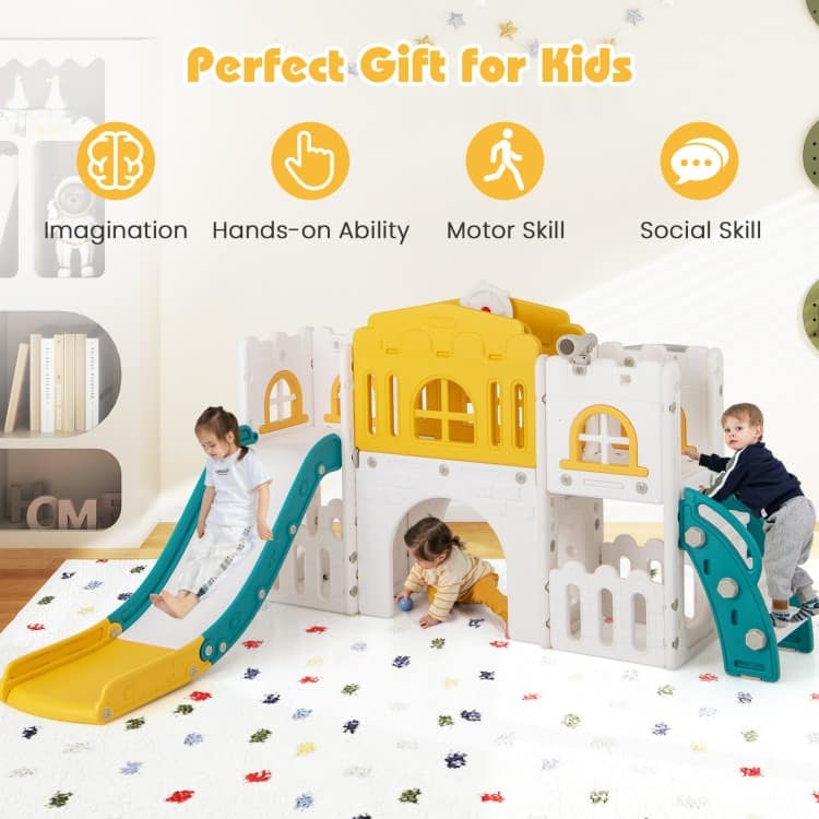 Yellow-Green-White HDPE Kids Slide Set with Climber, Tunnel and Hoop - 69.5" x 70" x 40.5" (L x W x H)