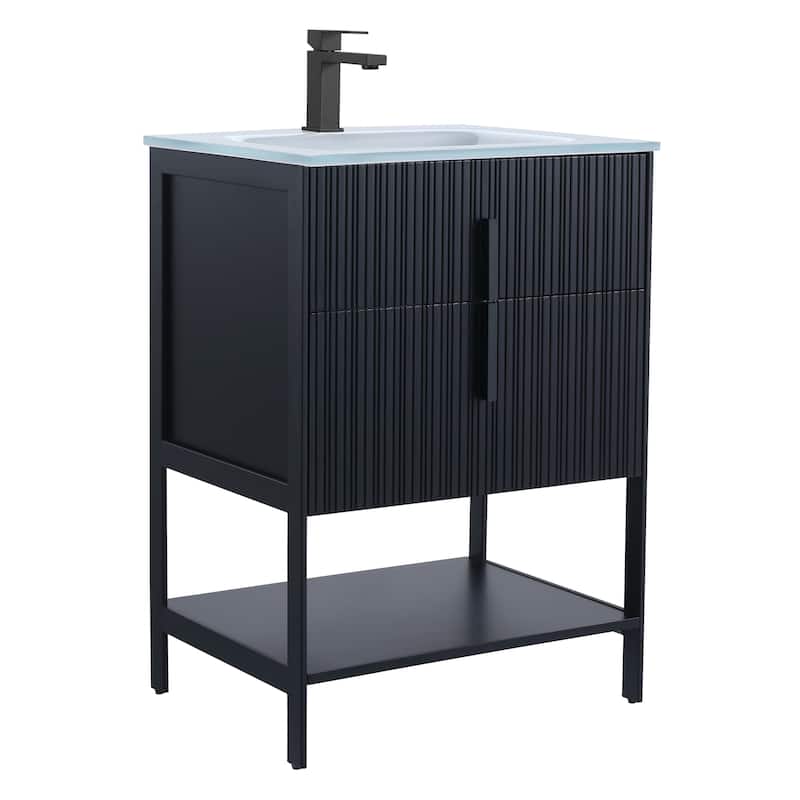 Fine Fixtures Serenity Modern Bathroom Vanity with White Glass Top - Black Matte - Black Hardware - 24 inch