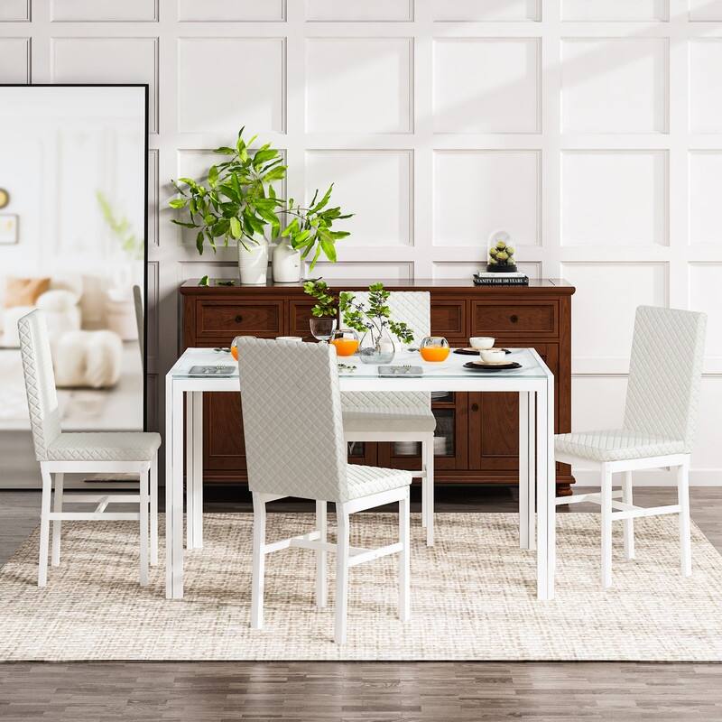 Grondin Modern Style 5-Piece Dining Room Table Set with Tempered Glass Tabletop and 4 Diamond Stitching PU Leather Dining Chairs