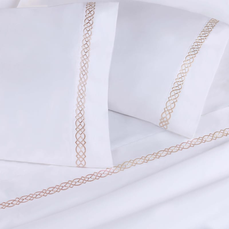 Superior Egyptian Cotton 1000 Thread Count Embroidered Scroll Pillowcases (Set of 2) - King - White-Tan