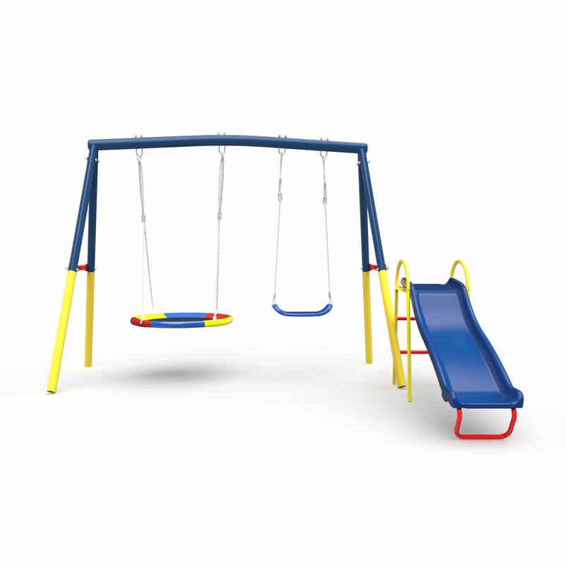 Swing Sets for Backyard with Kids Slide Outdoor Heavy-Duty Metal Playset 3 in 1 Swing Set with Slide - Blue