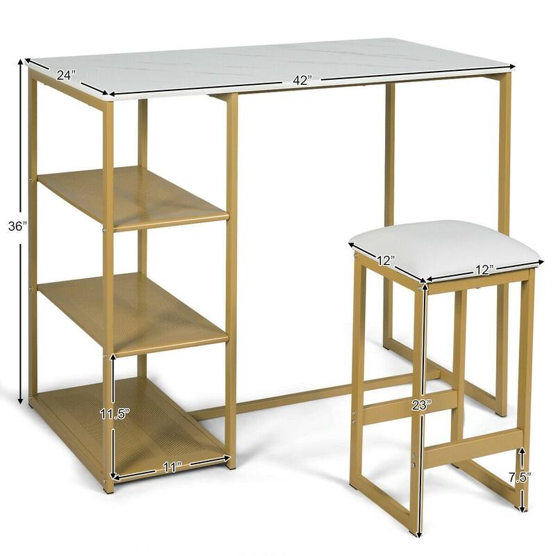 3 pcs Dining Set with Faux Marble Top Table and 2 Stools