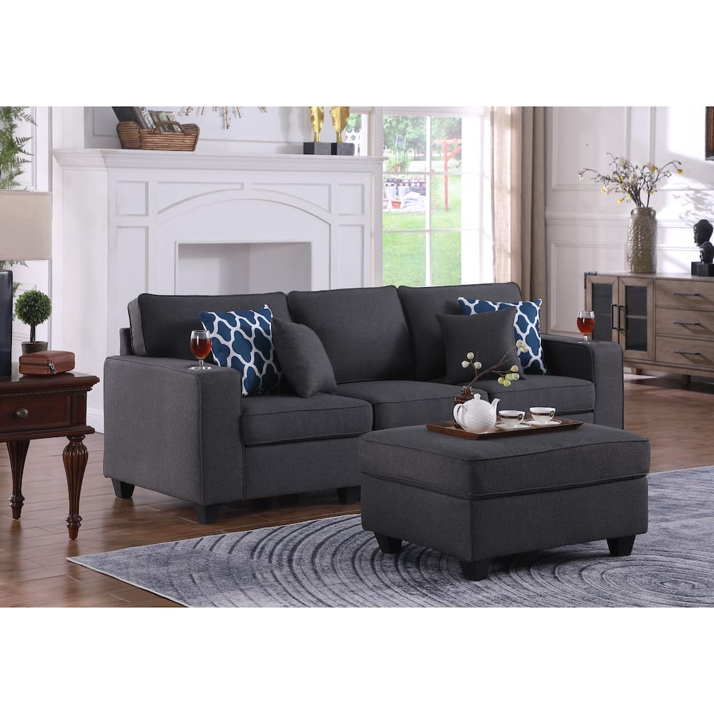 Linen Upholstered Sofa with Ottoman in Dark Gray