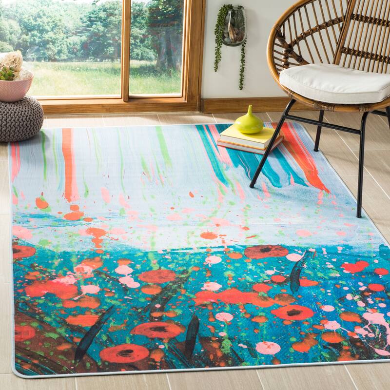 SAFAVIEH Daytona Machine Washable Slip Resistant Chassia Graphic Abstract - 3' x 5' - Teal/Orange - Rectangle