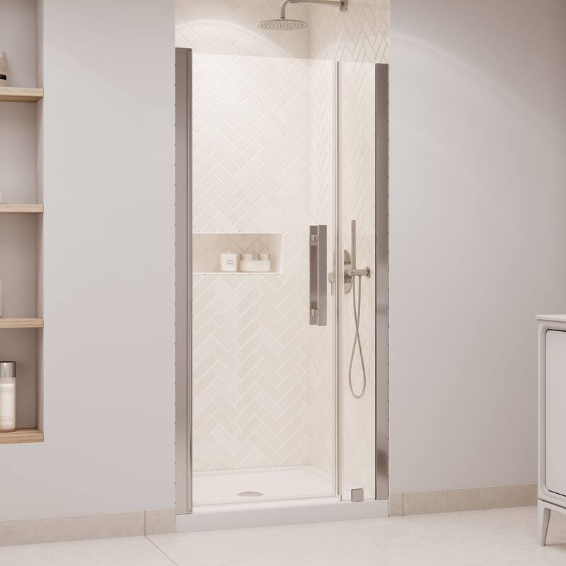 OVE Pasadena Alcove Frameless Pivot Shower Door Kit with Base Pan, 2025 - 36"x36" - Satin Nickel