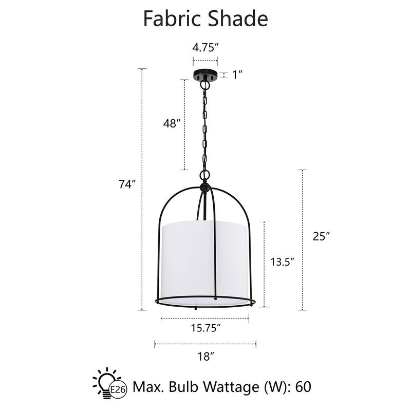 Matte Black Finish 3-Light 18 in. Cage Chandelier with White Fabric Shade
