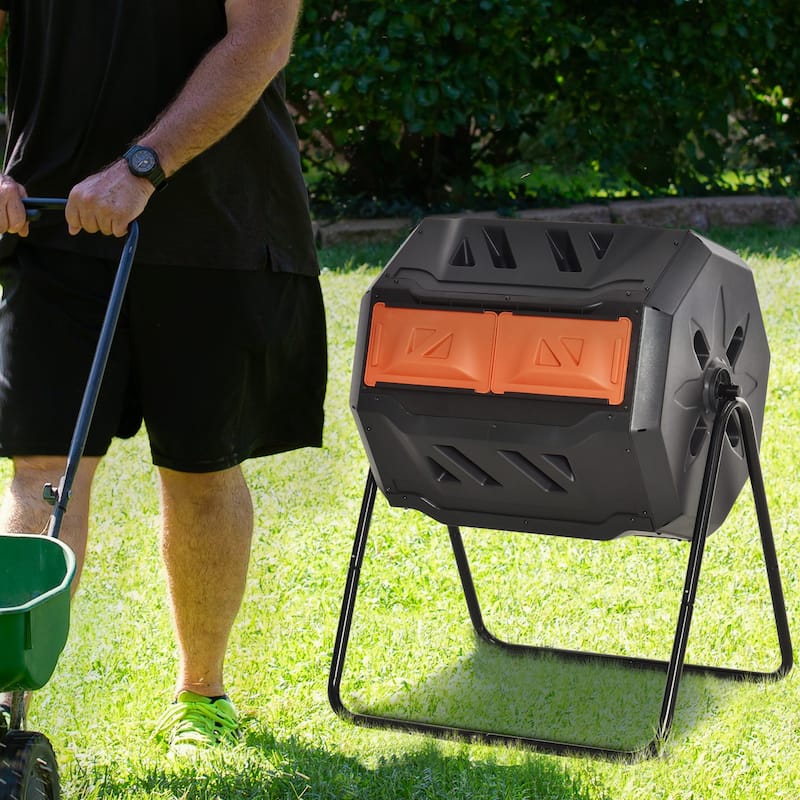 Outsunny Tumbling Compost Bin Outdoor Dual Chamber 360-deg Rotating Composter 43 Gallon w/ Sliding Doors & Solid Steel Frame