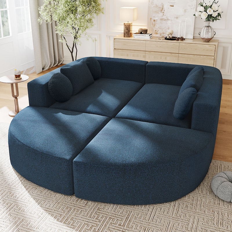 Curved Modular Sectional Boneless Upholstered Sofa Convertible Sleeper Sofa Bed, Free Combination, Boucle Deep Seating Sofa - Blue