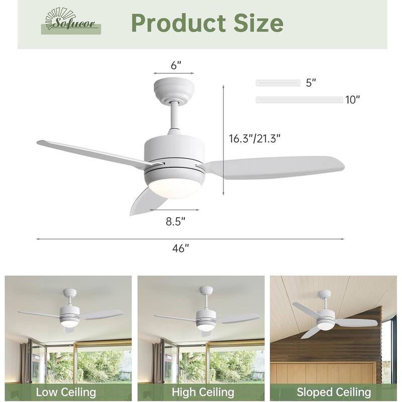 Sofucor 46''/47'' Strong Airflow High CFM Ceiling Fans with Lights and Remote Bedroom Noiseless ETL Fans