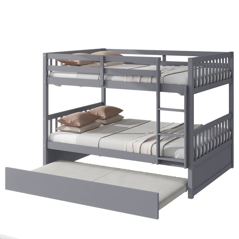 Roomfitters Full Over Full Rubber Wood Bunk Bed with Trundle, Convertible to Two Full Beds with Ladder and Guardrails