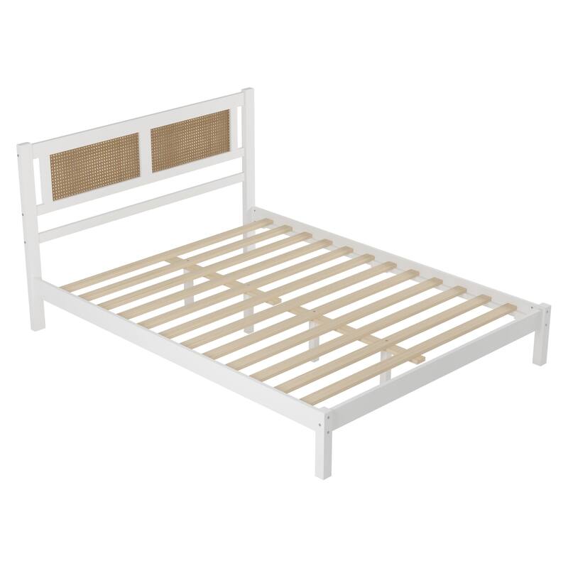Platform bed with natural rattan headboard