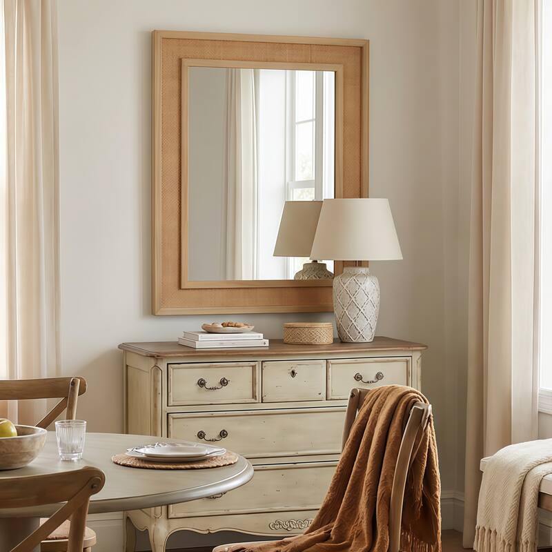 20"x30" Rattan Rectangle Solid Wood Frame Decorative Mirror,For Farmhouse,Bathroom,Home Decor,Entryway