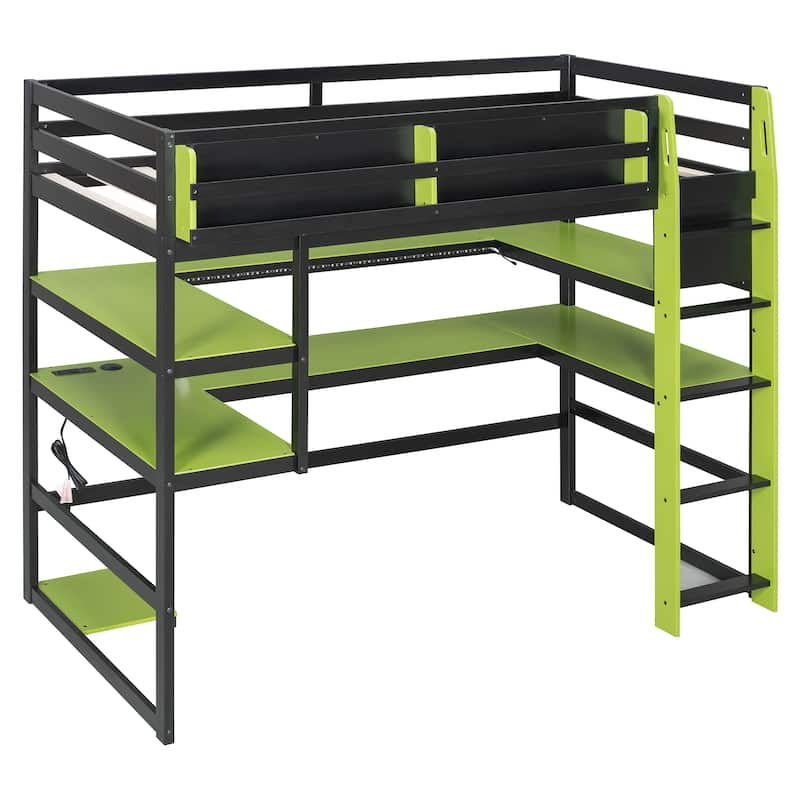 Loft Bed with Wraparound Study Hub, Side Storage Rack, USB Charging & RGB Light by Harper&Bright Designs