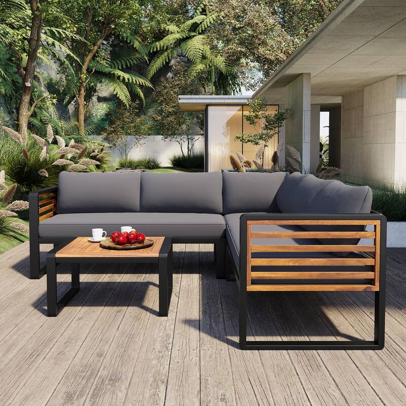 4 Pieces Outdoor Patio Conversation Set, Metal and Wood Frame Sectional L-shaped Sofa with Soft Cushion and Coffee Table