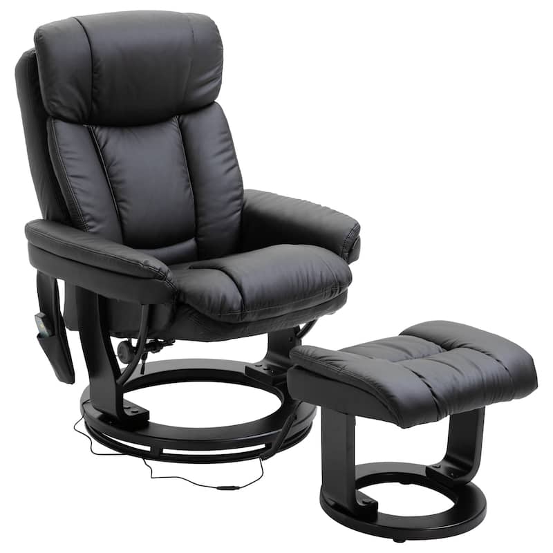 Black PU Leather 360° Swivel Manual Recliner Set with Ottoman, Full Body Vibration Massage, Side Pocket