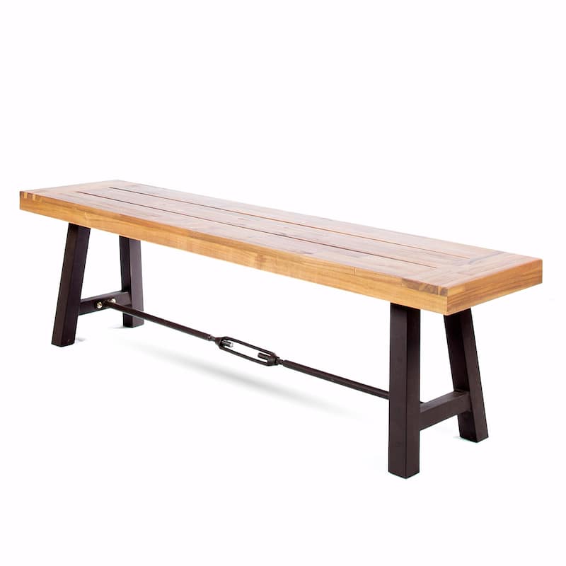 Acacia Wood Slat-Panel Bench with Powder-Coated Iron Frame - Teak