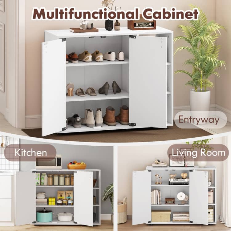 Shoe Storage Cabinet with Doors and Open Shelves Adjustable Wooden Entryway Organizer - 31.5" x 12" x 25.5"
