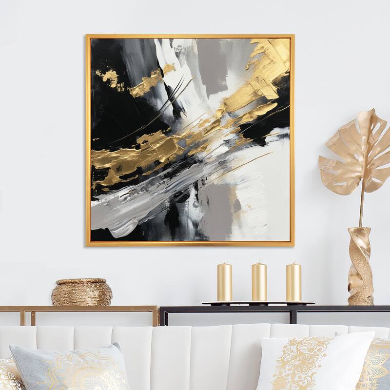 Designart "Golden River Wildness Abstract Gold And Black" Abstract Painting Framed Wall Art Living Room - 30 in. wide x 30 in. high - Gold