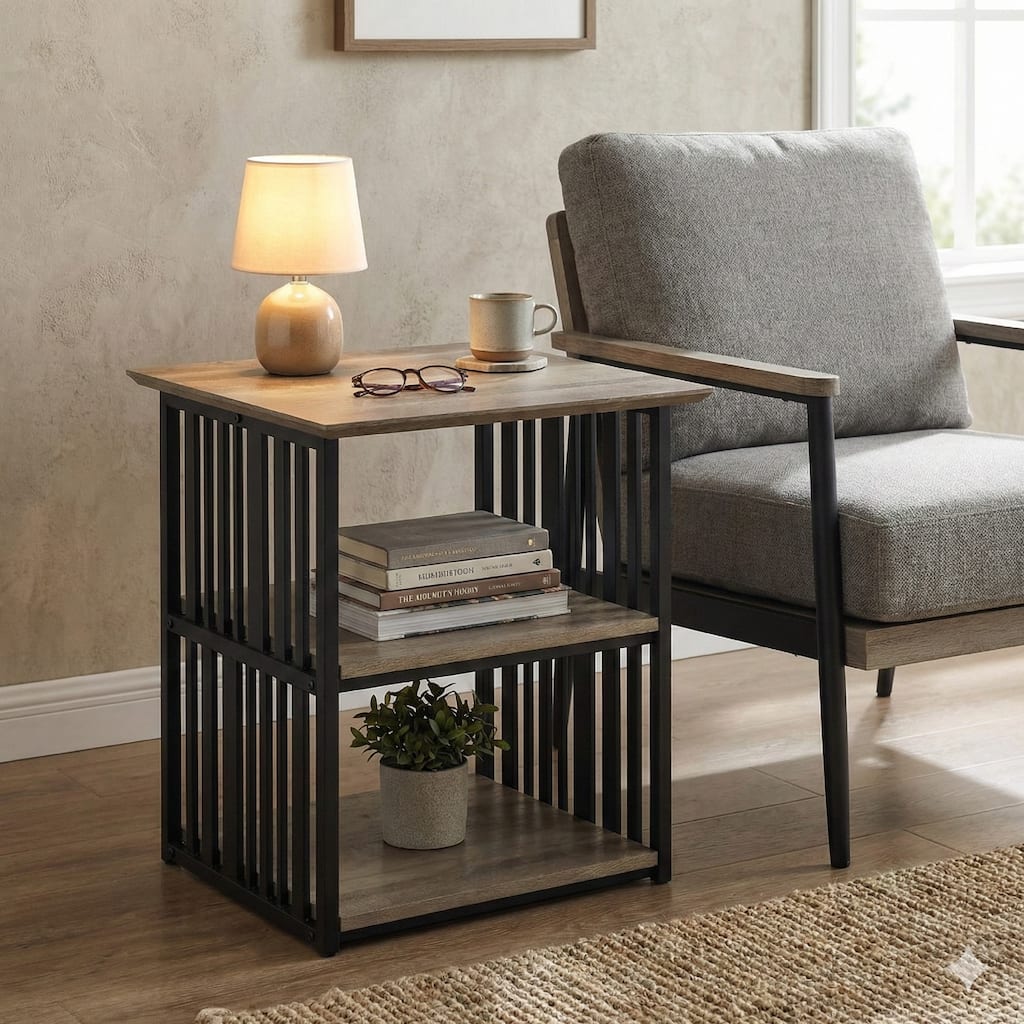 Nori 23 Inch Nightstand, 2 Shelves, Metal Base, MDF, Antique Oak and Black