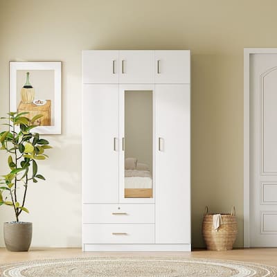 Modern 3 Doors Mirror Wardrobe Armoire with 2 Drawers