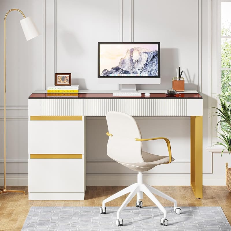 47 Inch Modern Computer Desk with 4 Drawers, Home Office Desk with Glass Top, Makeup Vanity Table
