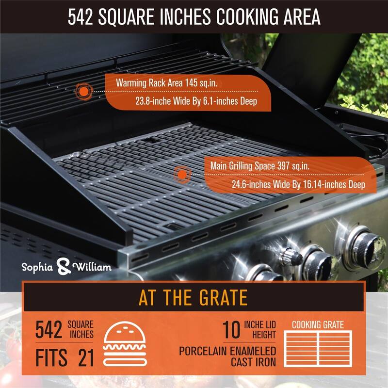 4Burner Gas BBQ Grill with Side Burner and PorcelainEnameled Cast
