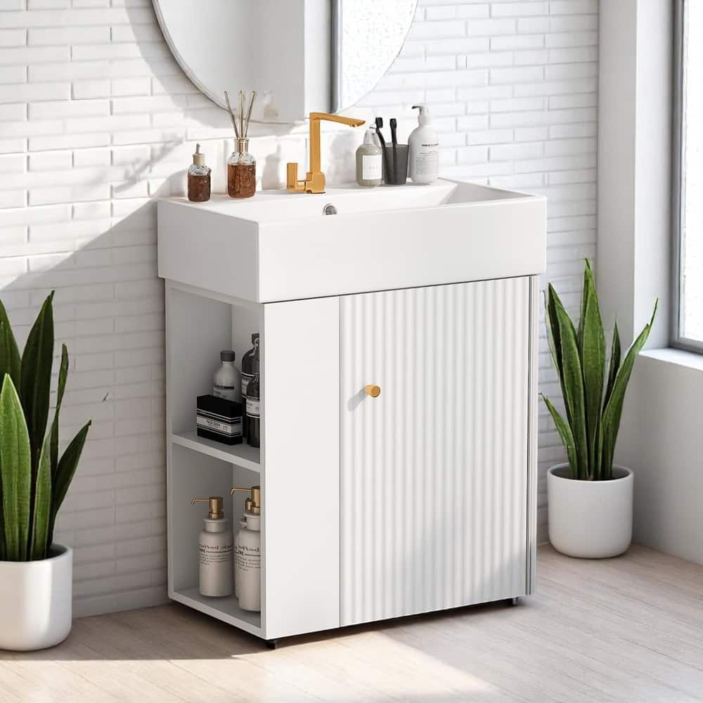 21.6" Wall-Mounted Bathroom Vanity with Ceramic Sink, Soft-Close Door, Left Storage, Modern Design