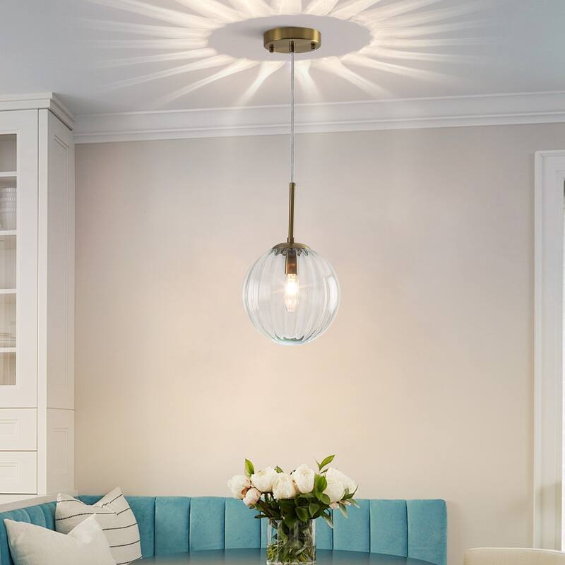 1-Light Brushed Gold Pendant Lighting with Clear Ribbed Glass Shade